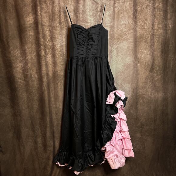 Vintage 80s JCPenney Ruffled Formal Dress Black Pink Empire Waist Layered Gothic - Picture 1 of 10